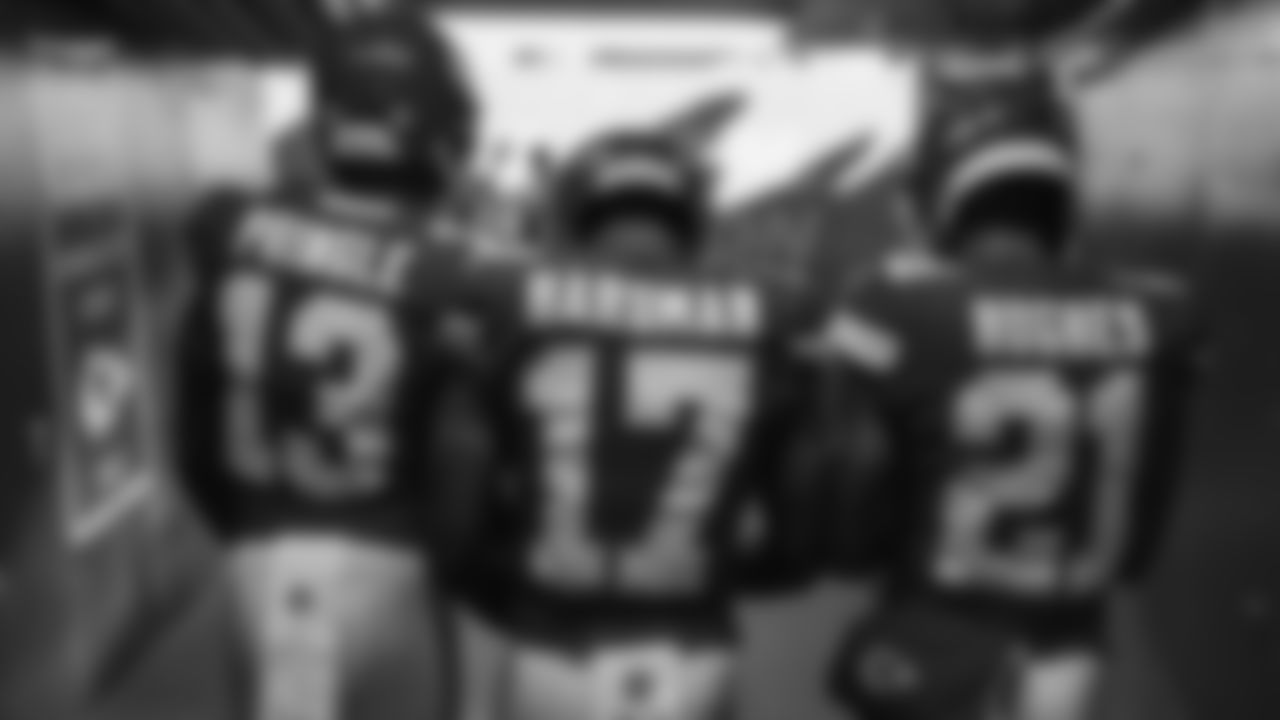Kansas City Chiefs wide receiver Byron Pringle (13), wide receiver Mecole Hardman (17), cornerback Mike Hughes (21) prior to an NFL football game against the Las Vegas Raiders, Sunday, December 12, 2021 in Kansas City.