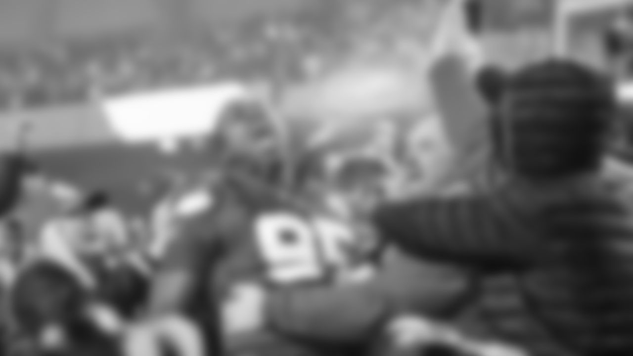 Kansas City Chiefs defensive end Chris Jones (95) celebrates the divisional round win in the crowd, Sunday, January 23, 2022 in Kansas City.