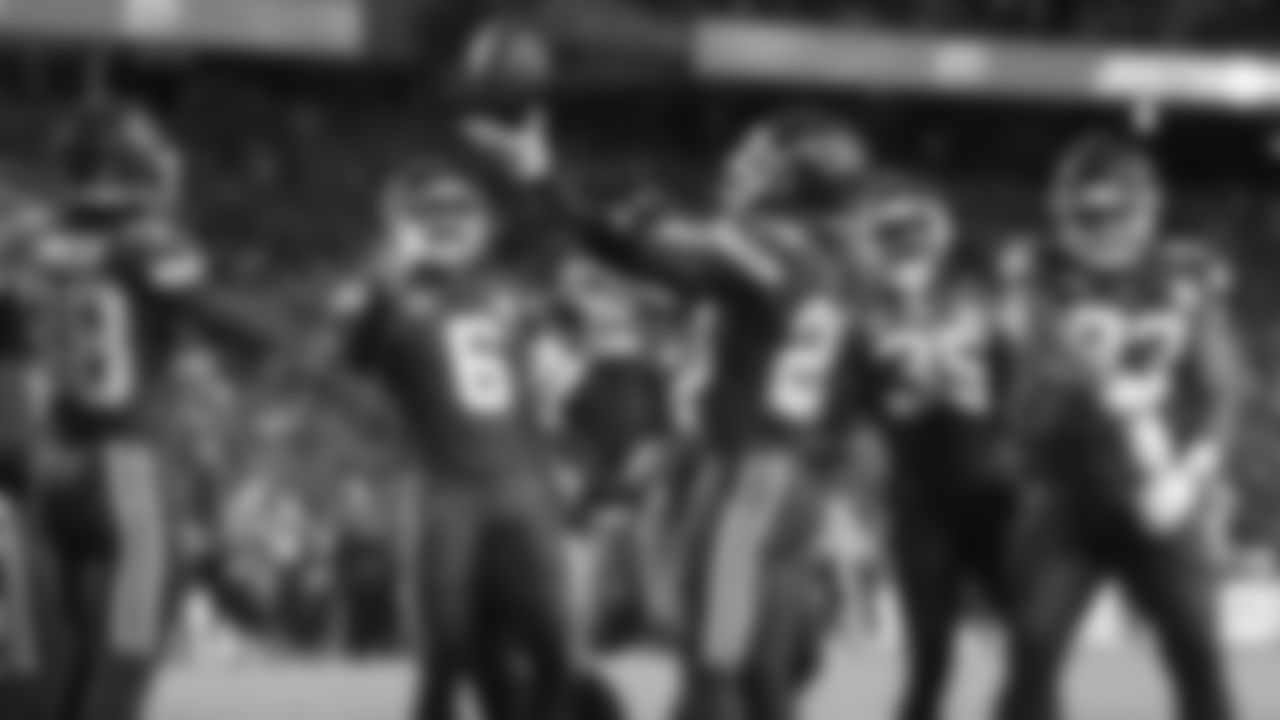 Kansas City Chiefs defensive group celebrates during the week six NFL football game against the Denver Broncos, Thursday, October 12, 2023 in Kansas City.