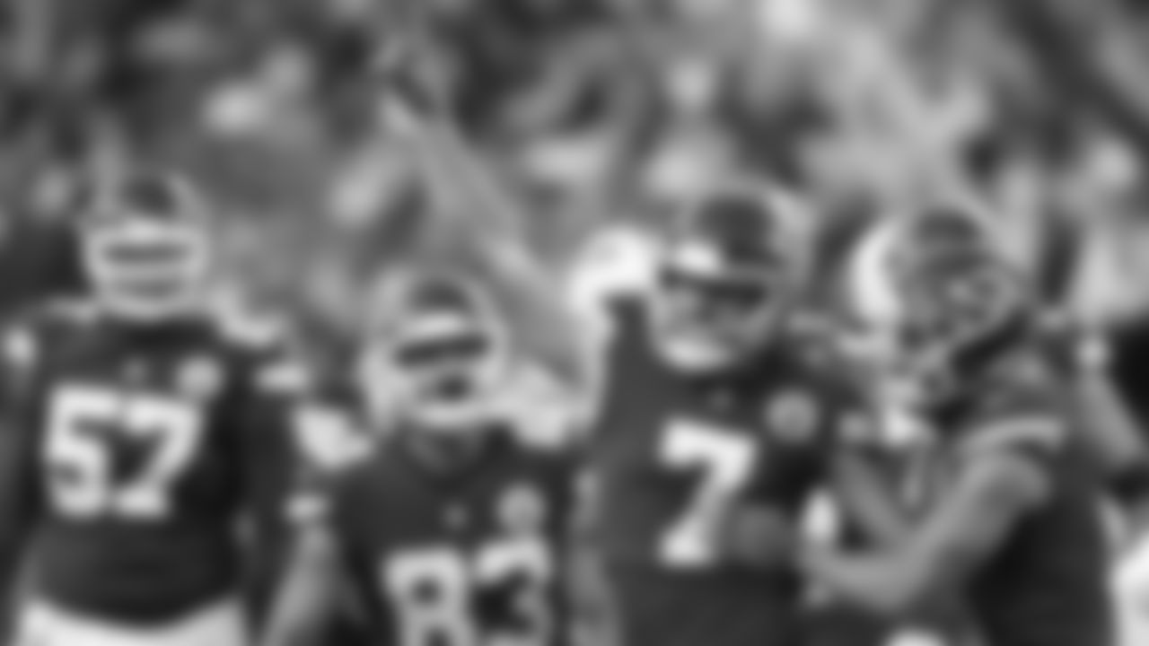 Kansas City Chiefs place kicker Harrison Butker (7) celebrates with punter Tommy Townsend (5) during an NFL football game against the Buffalo Bills, Sunday, Oct. 16, 2022, in Kansas City, Mo. Buffalo won 24-20. (Chris Donahue/Kansas City Chiefs via AP)