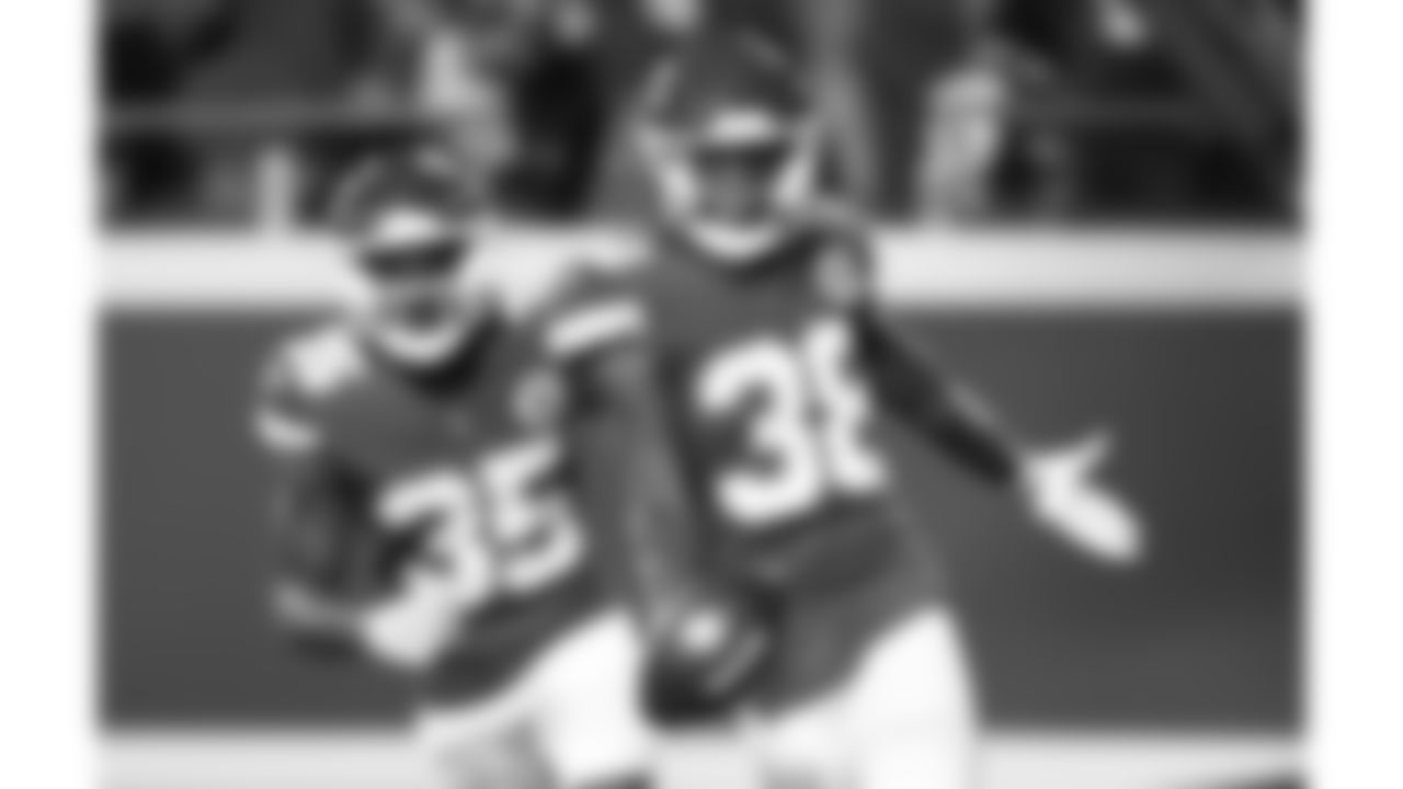 Kansas City Chiefs safety L'Jarius Sneed (38) celebrates during an NFL football game against the Green Bay Packers, Sunday, November 7, 2021 in Kansas City.