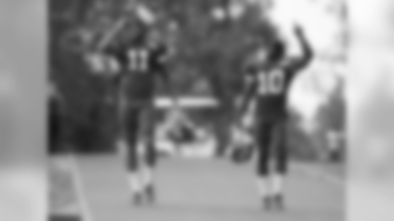 Kansas City Chiefs wide receivers Demarcus Robinson (11) and Tyreek Hill (10) during practice on 8/4/18 at Chiefs Training Camp at Missouri Western State University in St. Joseph, Missouri.