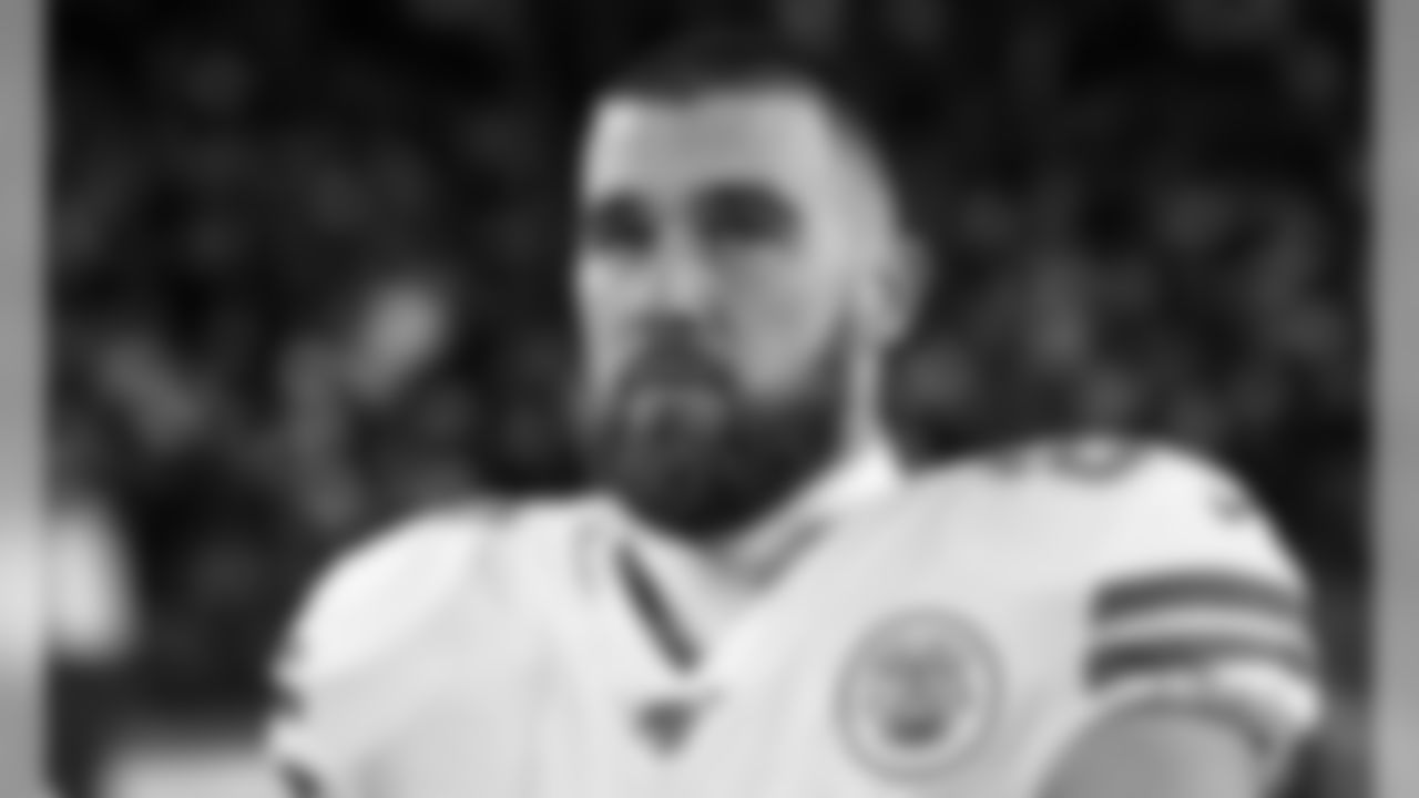 Kansas City Chiefs Tight End Travis Kelce (87) prior to the game between the Kansas City Chiefs and the New England Patriots on December 8, 2019.