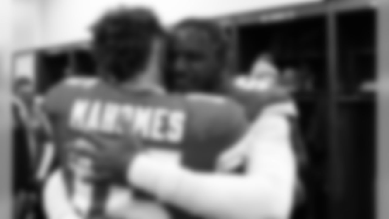 Kansas City Chiefs Quarterback Patrick Mahomes (15) and Kansas City Chiefs Defensive End Frank Clark (55) after the game between The Kansas City Chiefs and The Houston Texans in the Divisional Playoff game at Arrowhead Stadium on January 12, 2019.