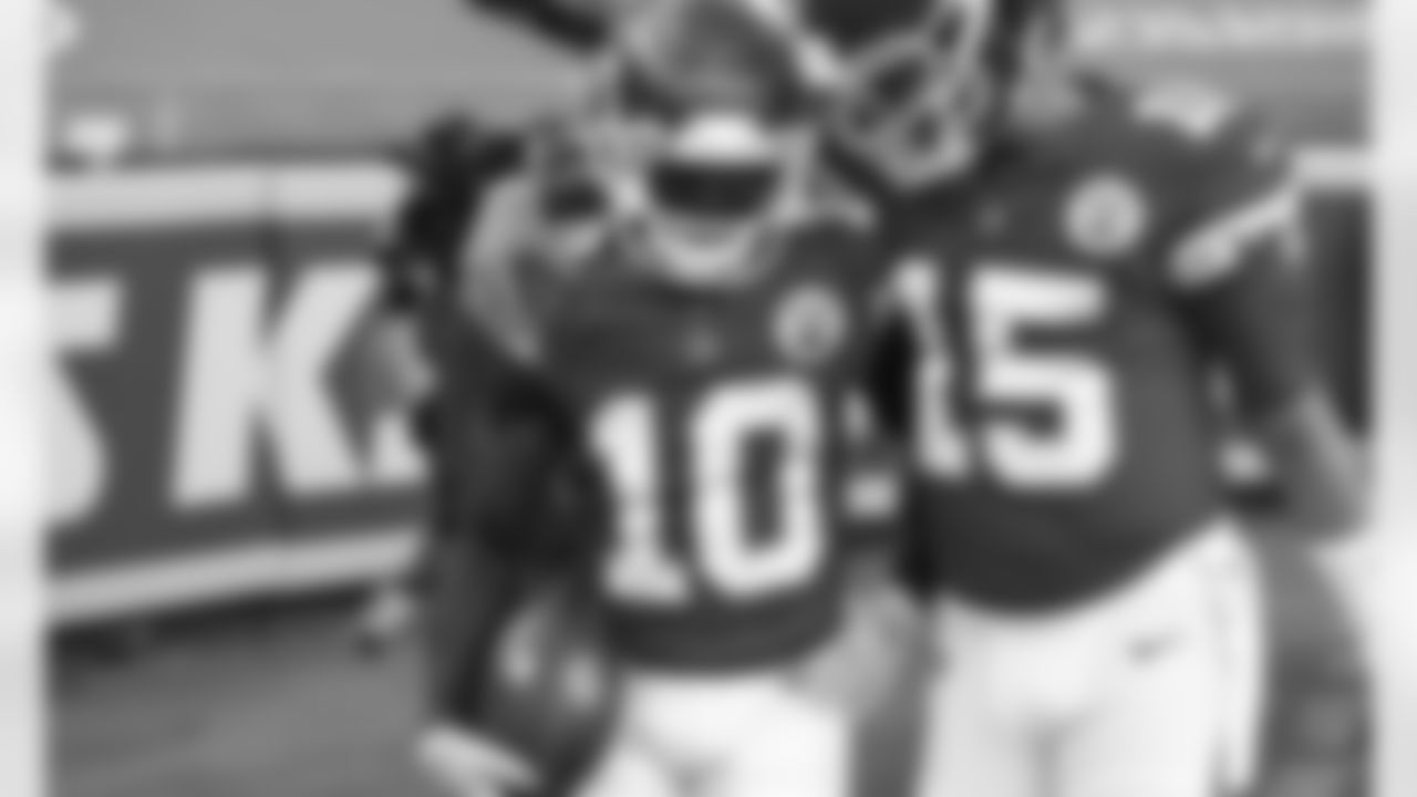 Kansas City Chiefs Wide Receiver Tyreek Hill (10) and Quarterback Patrick Mahomes (15) celebrate after a touchdown during an NFL Football game against the Carolina Panthers, Sunday November 8, 2020 in Kansas City.
