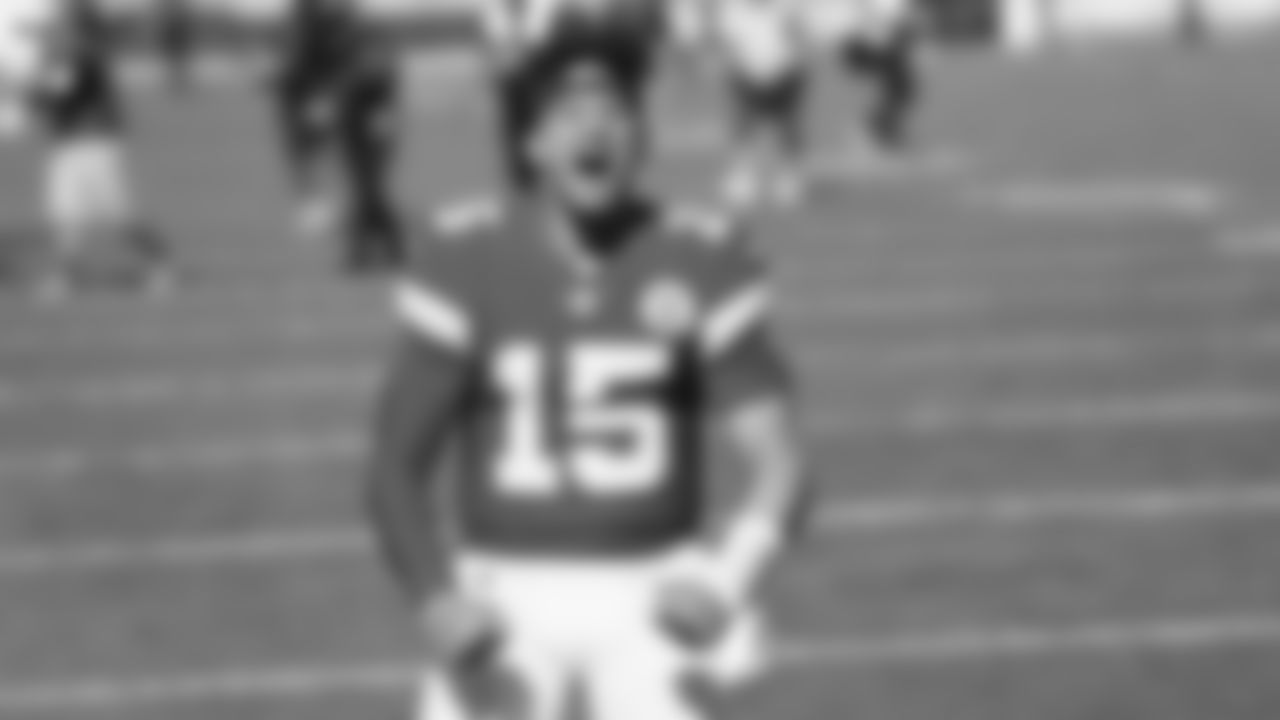 Kansas City Chiefs Quarterback Patrick Mahomes (15) prior to an NFL football game against the Las Vegas Raiders, Sunday, Oct. 11, 2020 in Kansas City.