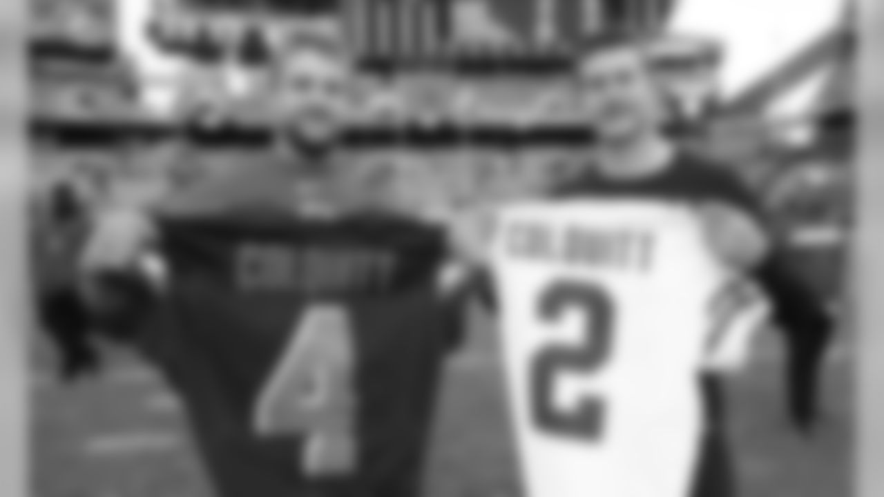 Kansas City Chiefs punter Dustin Colquitt (2) and brother Britten Colquitt. Kansas City Chiefs at Cleveland Brown at FirstEnergy Stadium on November 4, 2018