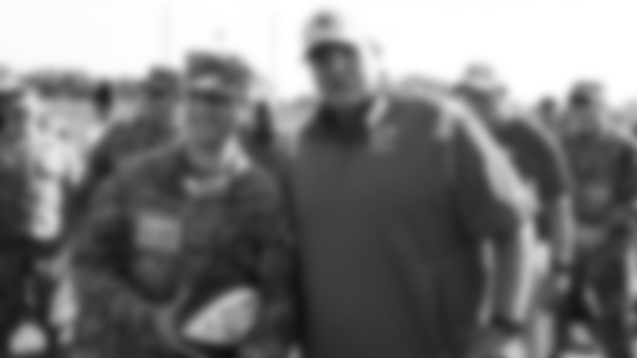 The United States Air Force receives a game ball from Kansas City Chiefs Head Coach Andy Reid after training camp practice at Missouri Western State University.