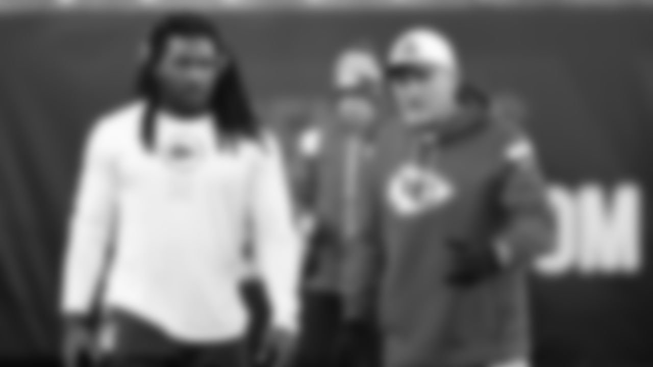 Kansas City Chiefs linebacker Nick Bolton (32) and Head Strength and Conditioning Coach Barry Rubin prior to an NFL football game against the Cincinnati Bengals, Sunday, December 4, 2022 in Cincinnati.