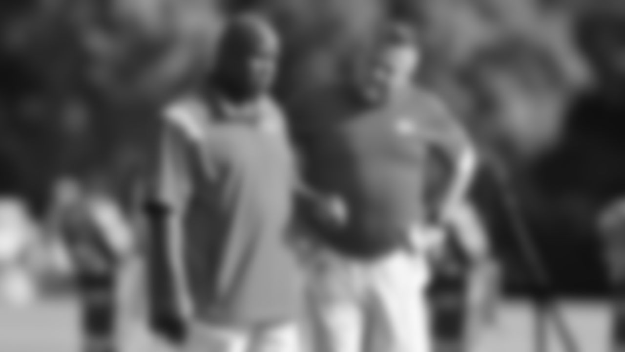 Kansas City Chiefs Offensive Coordinator Eric Bieniemy and Equipment Manager Allen Wright during training camp at Missouri Western State University.