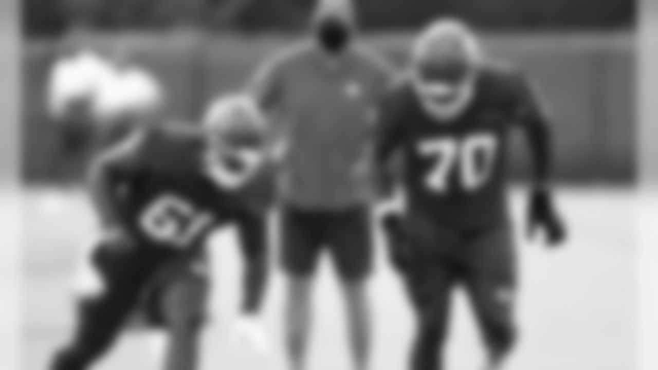 Kansas City Chiefs Offensive Lineman Darryl Williams (61) and Kansas City Chiefs Offensive Lineman Kelechi Osemele (70) during practice on Saturday at The University Of Kansas Training Facility on August 11, 2020.