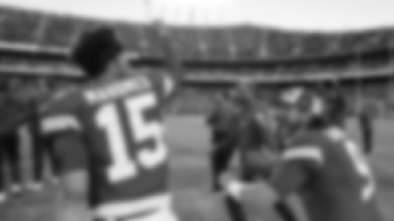 Kansas City Chiefs quarterback Patrick Mahomes (15) and Blaine Gabbert (9) celebrate an interception during the week seven NFL football game against the Los Angeles Chargers, October 22, 2023 in Kansas City.
