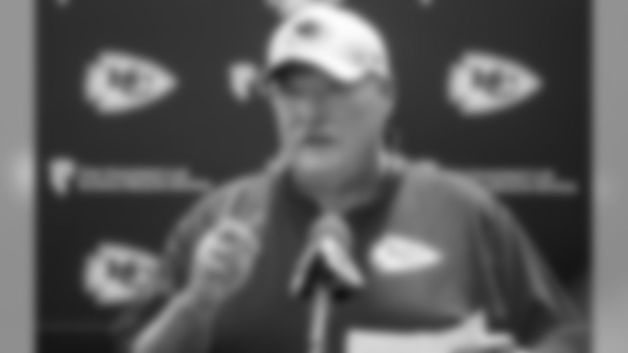 Kansas City Chiefs Head Coach Andy Reid speaks to the media during a press conference after a 2019 practice at The University of Kansas Health System Training Complex in Kansas City, MO.