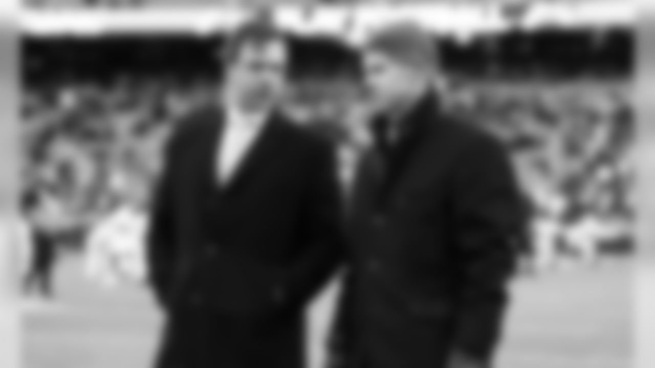 Kansas City Chiefs General Manager Brett Veach and Chairman and CEO Clark Hunt prior to the game between the Kansas City Chiefs and Oakland Raiders at Arrowhead Stadium on December 1, 2019.