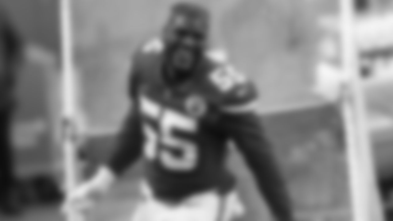 Kansas City Chiefs Defensive End Frank Clark (55) celebrates during an NFL Football game against the Atlanta Falcons, Sunday December 27, 2020 in Kansas City.