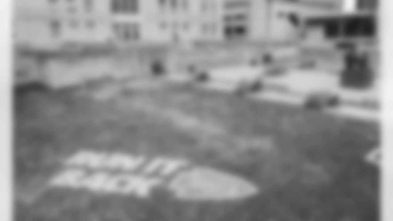 An aerial view of the Run It Back painting on the City Hall lawn in Kansas City, MO