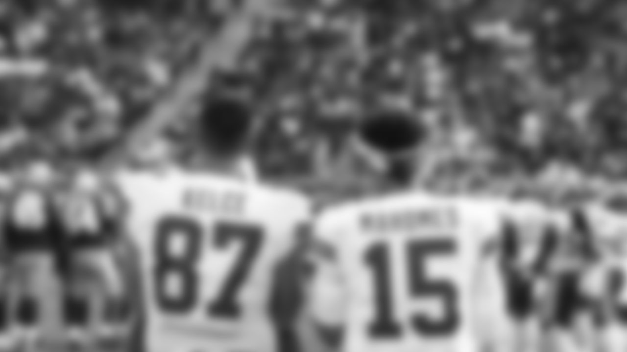 Kansas City Chiefs tight end Travis Kelce (87) and quarterback Patrick Mahomes (15) talk on the sideline during an NFL preseason football game against the San Francisco 49ers, Saturday, August. 14, 2021 in Santa Clara.