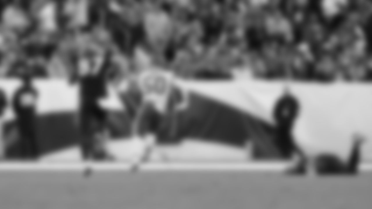 Kansas City Chiefs linebacker Willie Gay Jr. (50) runs for the end zone after intercepting a pass during an NFL football game against the Denver Broncos, Sunday, December 11, 2022 in Denver.