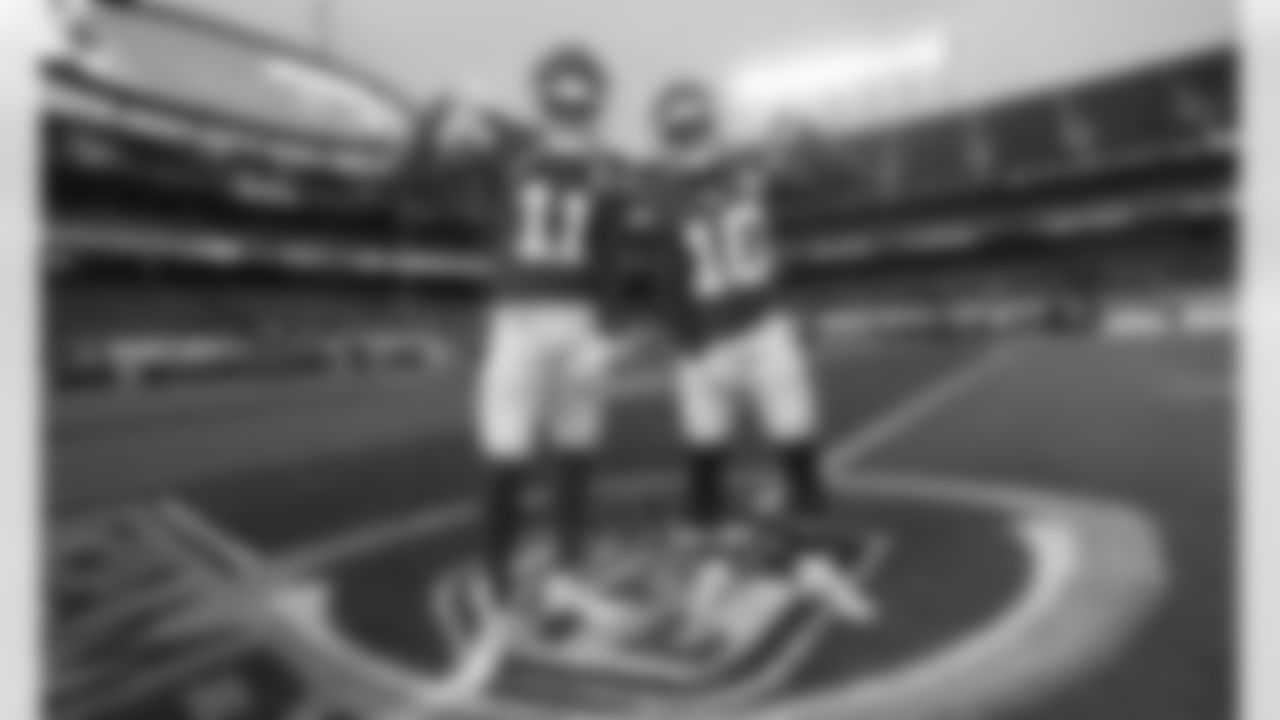Kansas City Chiefs Wide Receiver Demarcus Robinson (11) and Wide Receiver Tyreek Hill (10) pose for a photo prior to an NFL AFC Championship Playoff game against the Buffalo Bills, Sunday, January 24, 2021 in Kansas City.