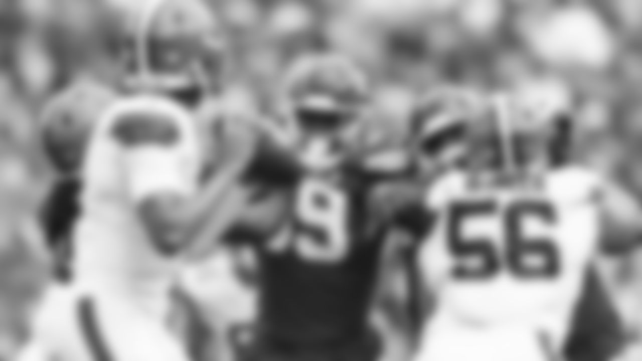 Kansas City Chiefs defensive end Joshua Kaindoh (59) eyes the quarterback during the Chiefs preseason Week 3 matchup against the Cleveland Browns at GEHA Field at Arrowhead Stadium on Saturday, August 26, 2023.