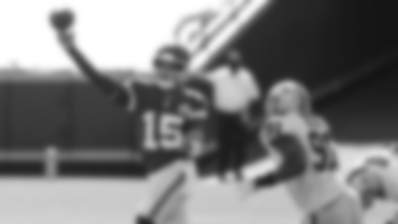 Kansas City Chiefs quarterback Patrick Mahomes (15) throws the ball during an NFL football game against the Las Vegas Raiders, Sunday, Oct. 11, 2020 in Kansas City.