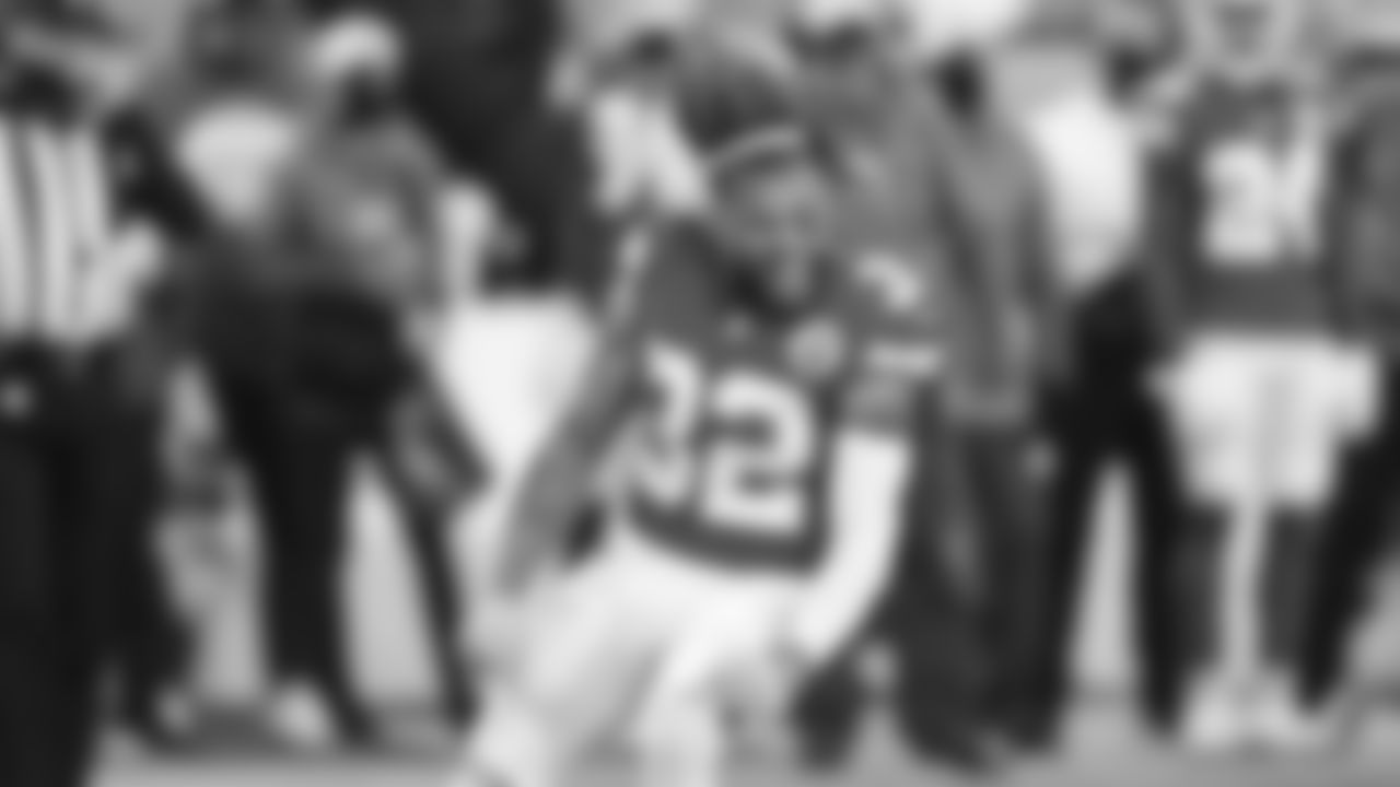 Kansas City Chiefs strong safety Tyrann Mathieu (32) yells and cheers excitedly after a play during an NFL football game against the New York Jets, Sunday, Nov. 1, 2020 in Kansas City. (Andrew Mather/Kansas City Chiefs via AP)