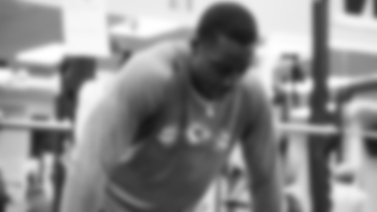 Kansas City Chiefs wide receiver Cornell Powell (14) lifting on Thursday, May 13, 2022.