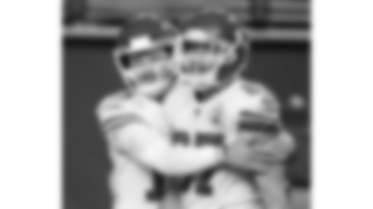 Kansas City Chiefs Quarterback Patrick Mahomes (15) and Tight End Travis Kelce (87) celebrate and walk off the field during an NFL Football game against the Las Vegas Raiders, Sunday November 22, 2020 in Las Vegas.