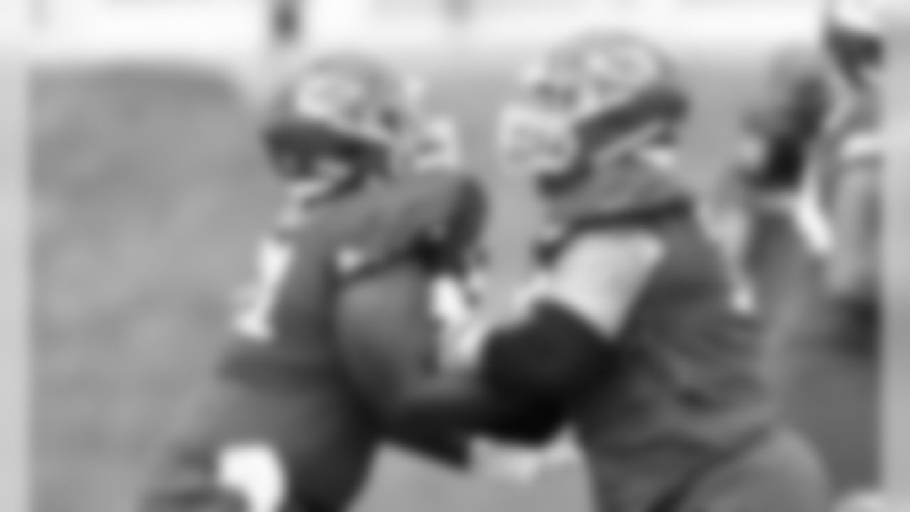 Kansas City Chiefs Offensive Lineman Darryl Williams (61) and Kansas City Chiefs Offensive Lineman Mike Remmers (75) during practice on Saturday at The University Of Kansas Training Facility on August 11, 2020.