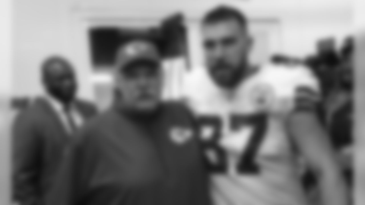 Kansas City Chiefs Tight End Travis Kelce (87) and Head Coach Andy Reid after the game between the Kansas City Chiefs and the Los Angeles Chargers at Estadio Azteca, November 18, 2019