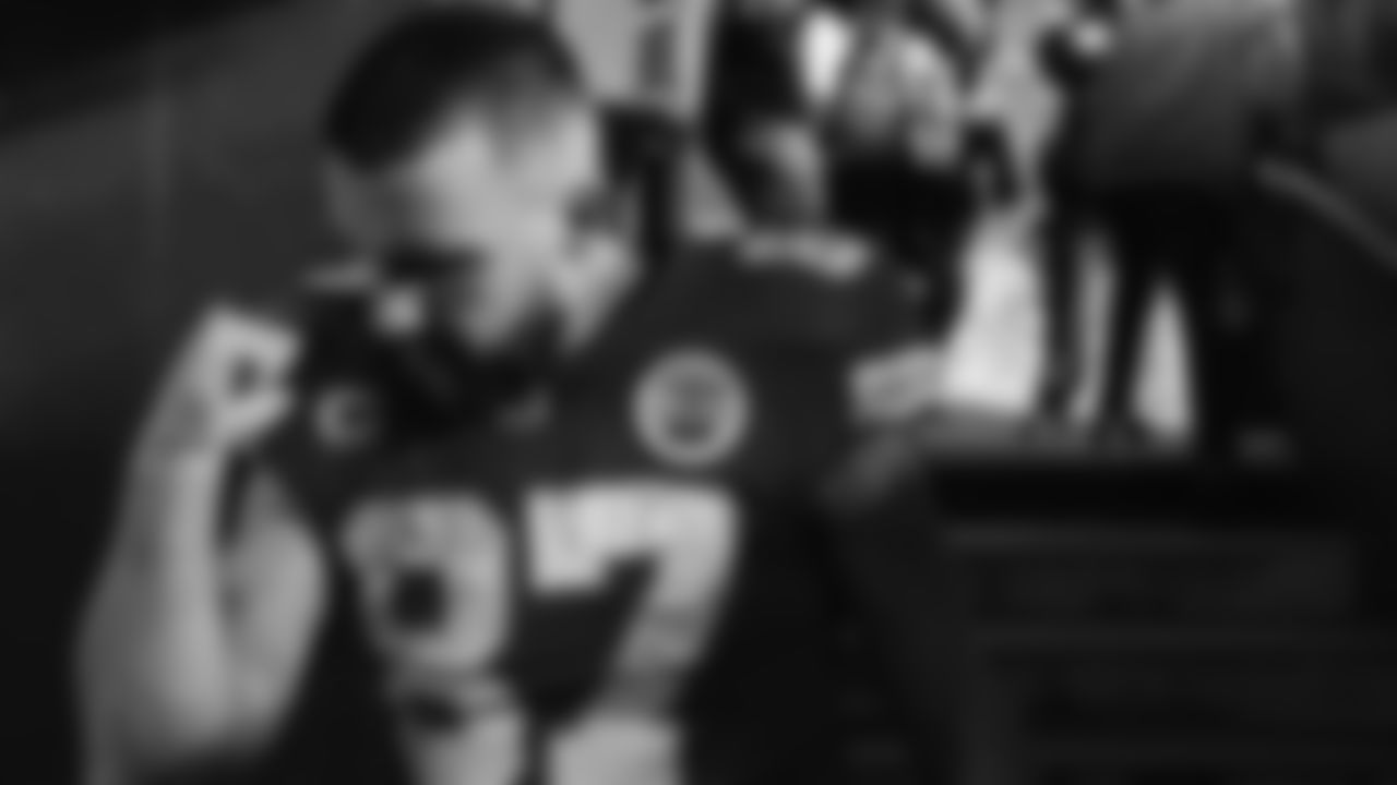 Kansas City Chiefs tight end Travis Kelce (87) coming off the field giving a celebration after the divisional playoff game against the Buffalo Bills, Kansas City, MO on January 23, 2022