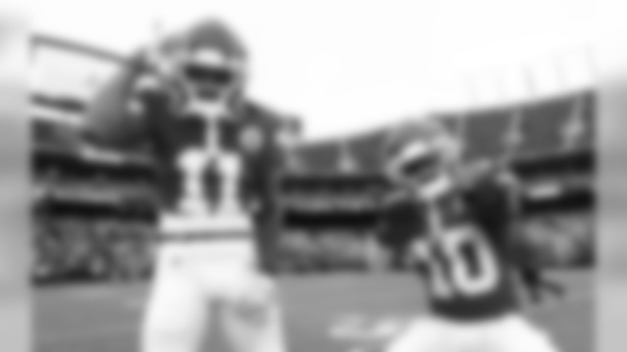 Kansas City Chiefs Wide Receiver Demarcus Robinson (11) and Wide Receiver Tyreek Hill (10) prior to the game between the Kansas City Chiefs and Oakland Raiders at Arrowhead Stadium on December 1, 2019.