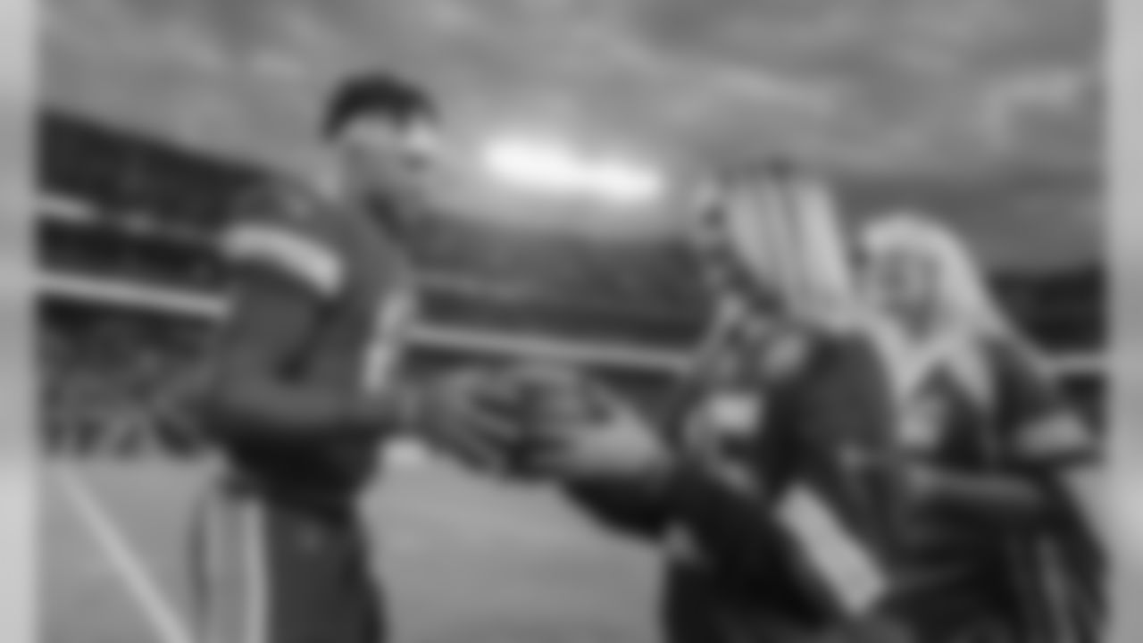 Kansas City Chiefs Quarterback Patrick Mahomes (15) hands a ball to prior to the Sunday Night Football game between the Kansas City Chiefs and the Indianapolis Colts at Arrowhead Stadium on October 6, 2019.