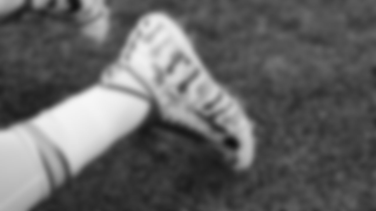 A player's cleats prior to an NFL football game against the Cincinnati Bengals, Sunday, January 2, 2022 in Cincinnati.