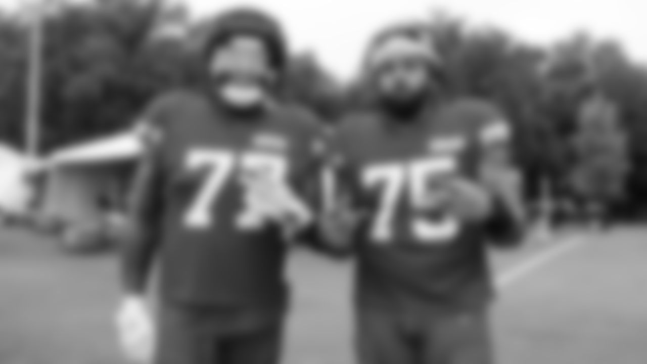 Kansas City Chiefs offensive lineman Lucas Niang (77) & tackle Darian Kinnard (75) at Kansas City Chiefs Training Camp in St. Joseph, MO on Friday, August 4, 2023.