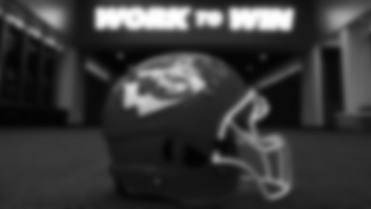 A Kansas City Chiefs helmet in the locker room prior to the divisional playoff football game against the Buffalo Bills, Sunday, January 23, 2022 in Kansas City.
