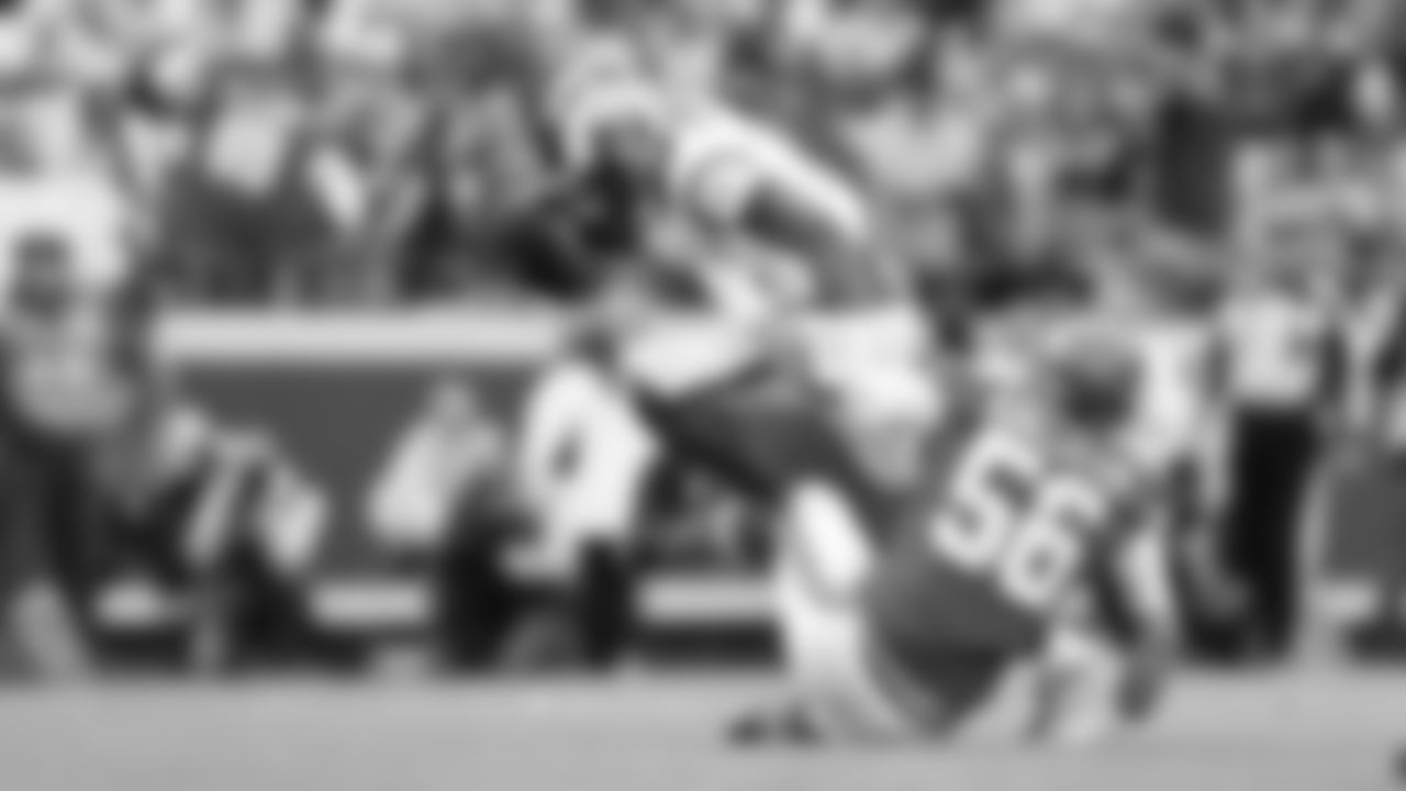 Kansas City Chiefs defensive end George Karlaftis (56) gets his first sack during an NFL Football game against the Los Angeles Rams, Sunday Nov 27, 2022 in Kansas City MO.