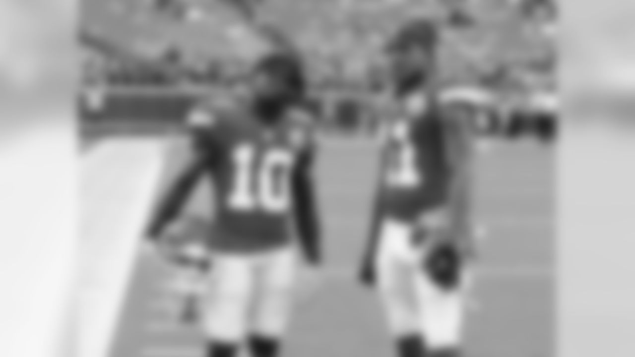 Kansas City Chiefs wide receiver Tyreek Hill (10)Kansas City Chiefs wide receiver Demarcus Robinson (11) pregame on 8/9/18 during Texans at Chiefs at Arrowhead Stadium