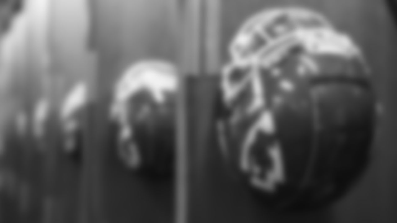 Kansas City Chiefs helmets in the locker room prior to an NFL football game against the Tennessee Titans, Sunday, October 24, 2021 in Nashville.