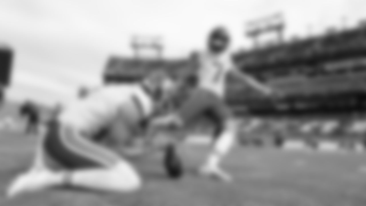Kansas City Chiefs punter Tommy Townsend (5) and Kansas City Chiefs kicker Harrison Butker (7) prior to an NFL football game against the Tennessee Titans, Sunday, October 24, 2021 in Nashville.