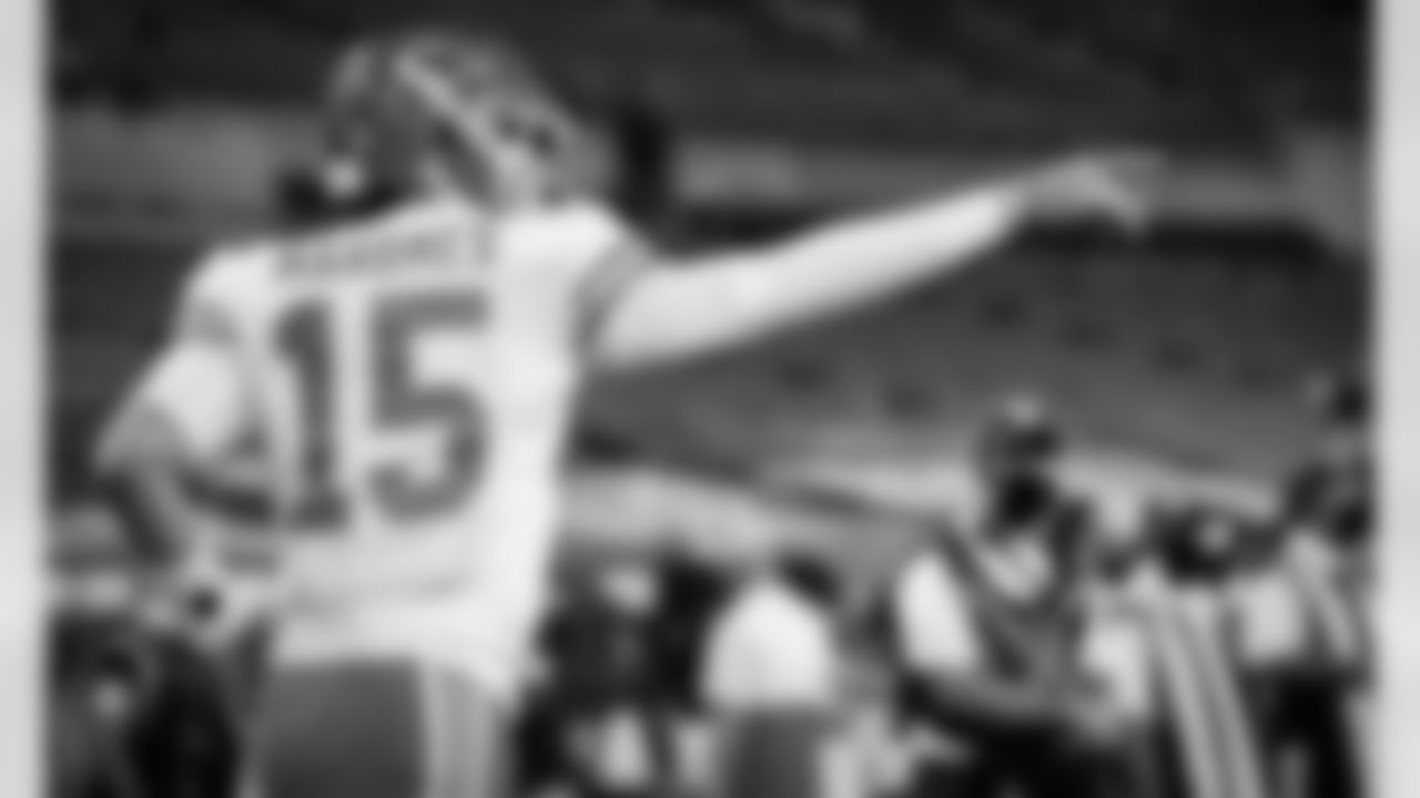 Kansas City Chiefs Quarterback Patrick Mahomes (15) celebrates against the Baltimore Ravens in an NFL football game, Monday September 28, 2020 in Baltimore. (Steve Sanders/Kansas City Chiefs via AP)