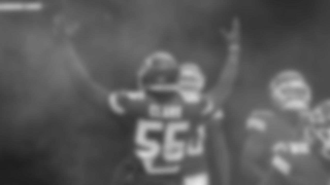 The Kansas City Chiefs and Frank Clark take the field prior to an NFL Football game against the Los Angeles Chargers, Sunday January 3, 2021 in Kansas City.