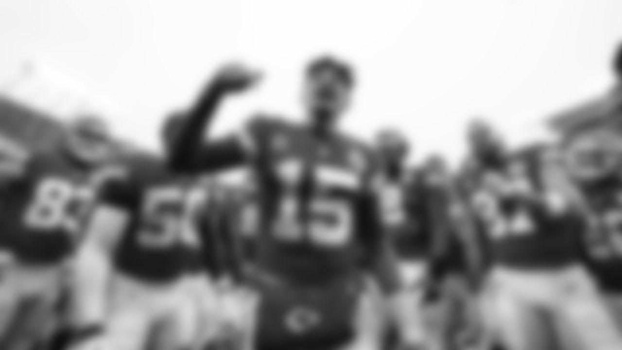 Kansas City Chiefs quarterback Patrick Mahomes (15) leads the team huddle prior to an NFL football game against the Jacksonville Jaguars, Saturday January 21, 2023 in Kansas City.