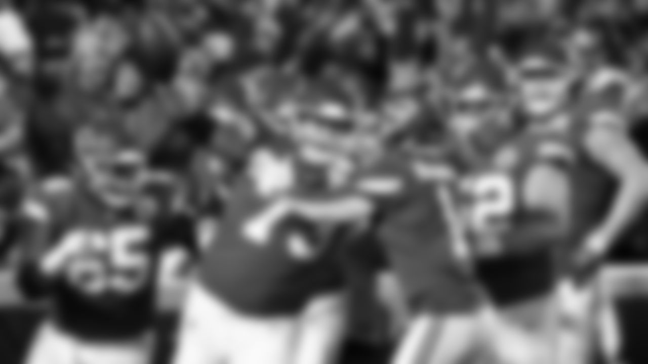 Kansas City Chiefs offensive guard Nick Allegretti (73) celebrates catching his first NFL Touchdown during the wildcard playoff football game against the Pittsburgh Steelers, Sunday, January 16, 2022 in Kansas City.