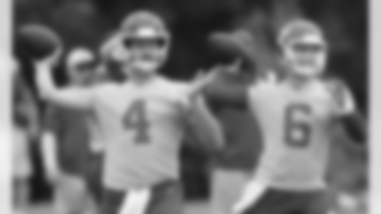 Kansas City Chiefs quarterback Chad Henne (4) and quarterback Shane Buechele (6) during rookie training camp at Missouri Western State University