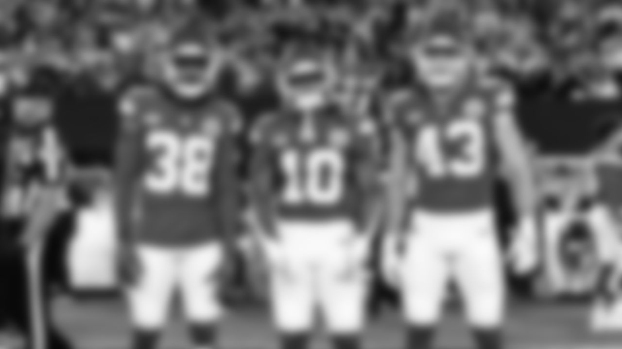 Kansas City Chiefs cornerback L'Jarius Sneed (38), running back Isiah Pacheco (10), and linebacker Jack Cochrane (43) prior to the NFL Week 4 matchup against the New York Jets at MetLife Stadium in East Rutherford, New Jersey on October 1, 2023.