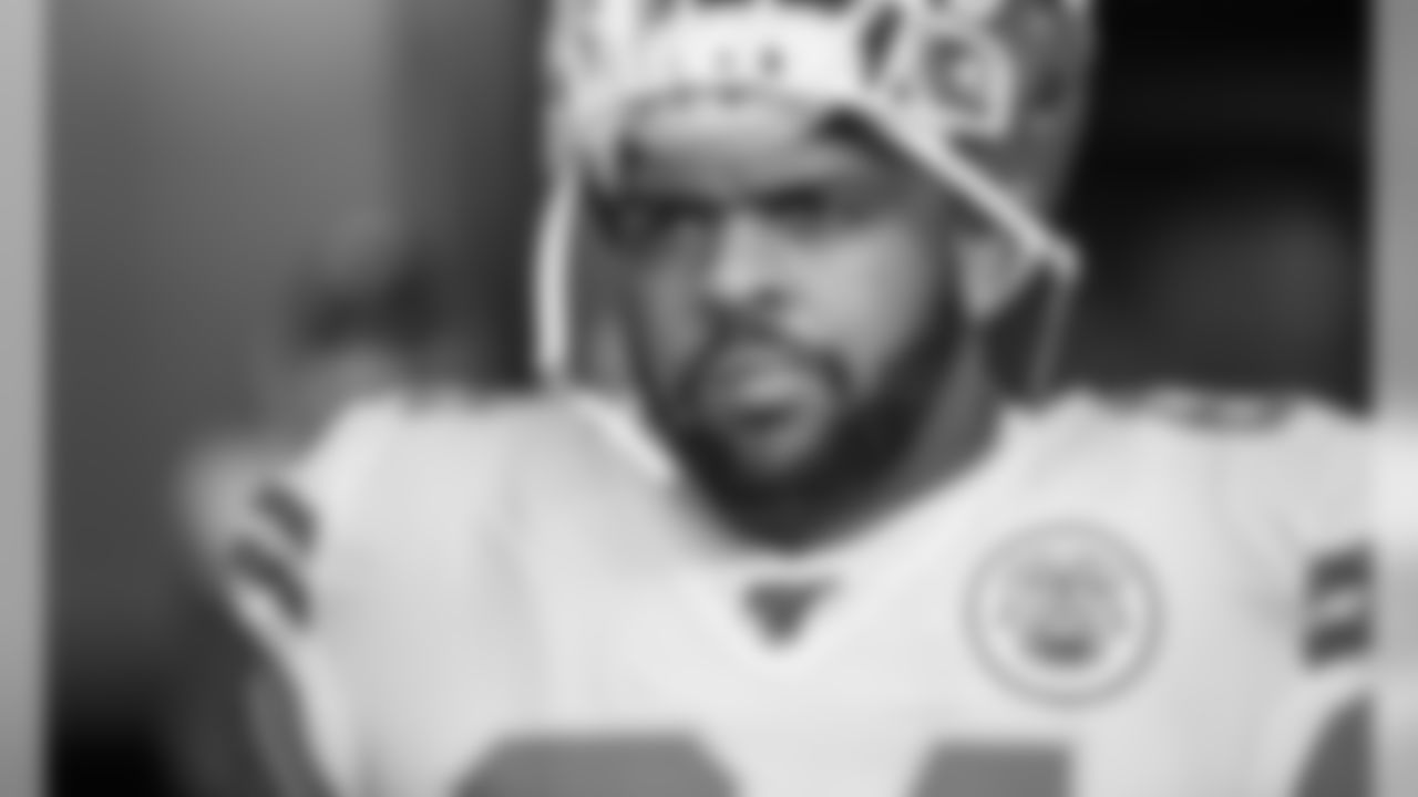 Kansas City Chiefs Defensive Tackle Mike Pennel (64) prior to the game between the Kansas City Chiefs and the New England Patriots on December 8, 2019.