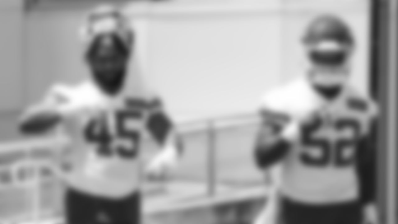 Linebackers Jonathan Jones (45) and Jordan Genmark Heath (52) during the first day of practice for Kansas City Chiefs rookie mini camp.