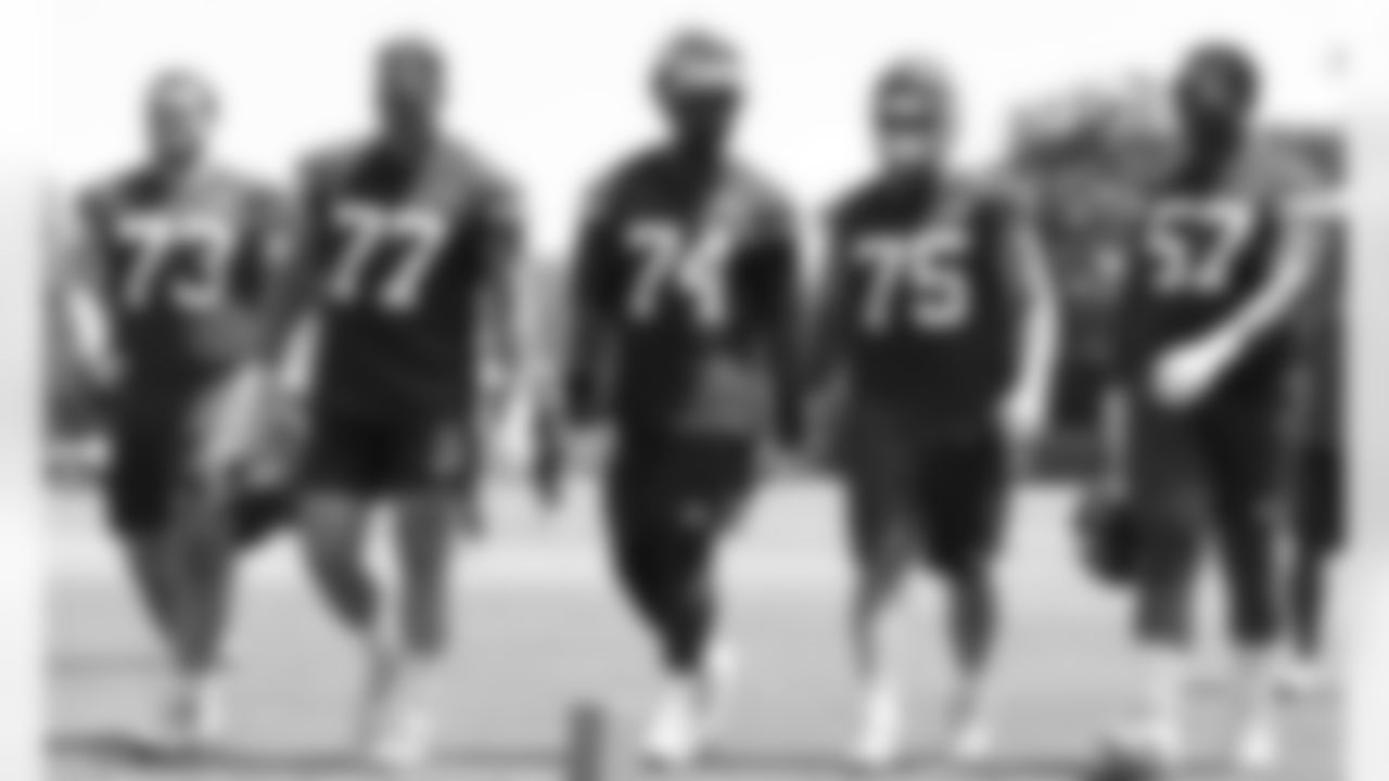 The Kansas City Chiefs offensive linemen during phase 3 workouts at the The University of Kansas Health System Training Complex.