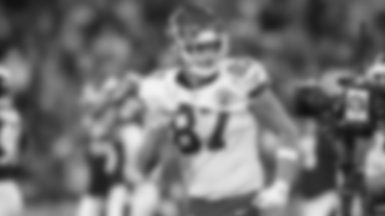 Kansas City Chiefs tight end Travis Kelce (87) throws up a peace sign to the video camera after scoring a touchdown during an NFL football game against the Baltimore Ravens, Sunday, September 19, 2021 in Baltimore.